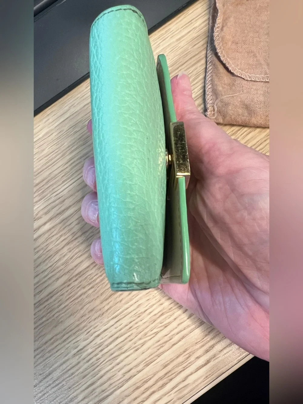 Louis Vuitton Mint Green Pebbled Leather Compact Wallet with LV Hardware